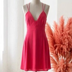 Express| Vibrant Pink Spaghetti Strap V-Neck Open Back Mini Dress Sz 10